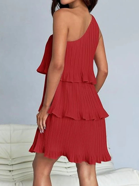 'Hesper' Layered Single Shoulder Mini Dress - Celes Fashion